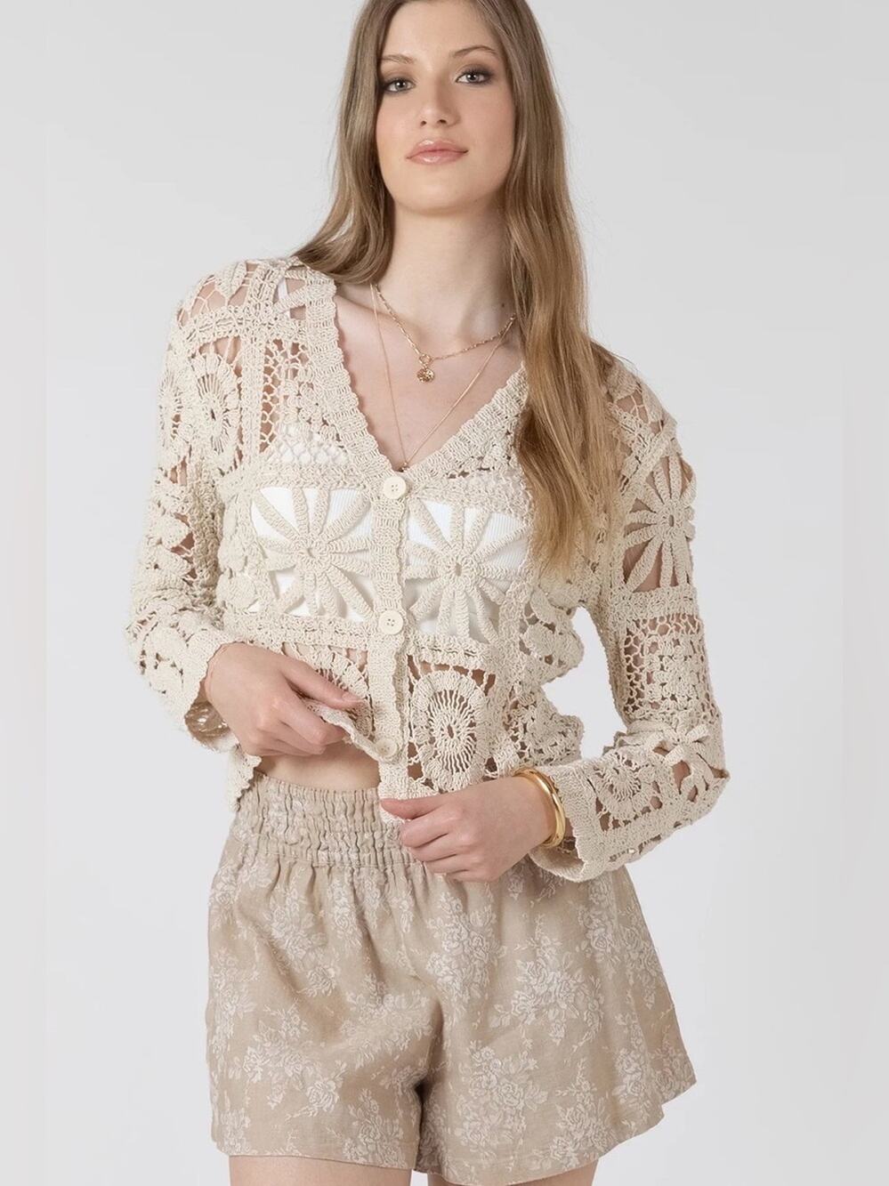 NWT COMMENSE Boho Festival Crochet Cardigan Cream Open Knit Top S